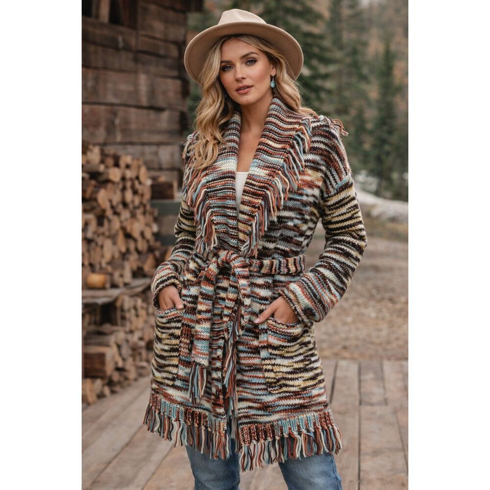 POL Southwestern Fringe Belted Long Cardigan Sweater Jacket M
